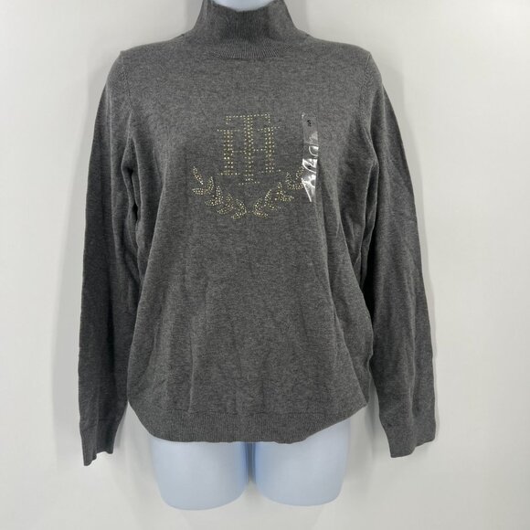 Tommy Hilfiger S Gray Mock Neck Knit Sweater Rhinestone Logo Crest Embellished - Picture 10 of 10